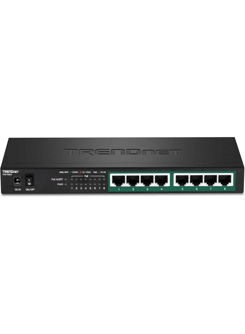 تريندنت مفتاح TRENDnet جيجابت PoE+ بثمانية منافذ، استهلاك طاقة PoE 65 واط، سعة تحويل 16 جيجابت في الثانية، جودة خدمة IEEE 802.1p، دعم تمرير DSCP، بدون مروحة، قابل للتركيب على الحائط، حماية مدى الحياة، أسود، TPE-TG83 - Image 4